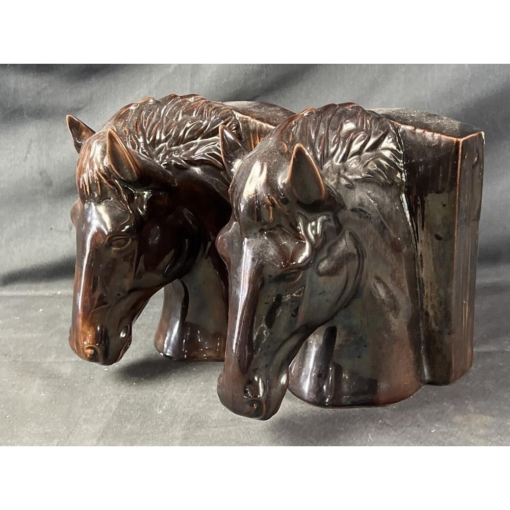 Vintage Horse Head Bookends Pottery Ceramic Brown Home Decor Animal